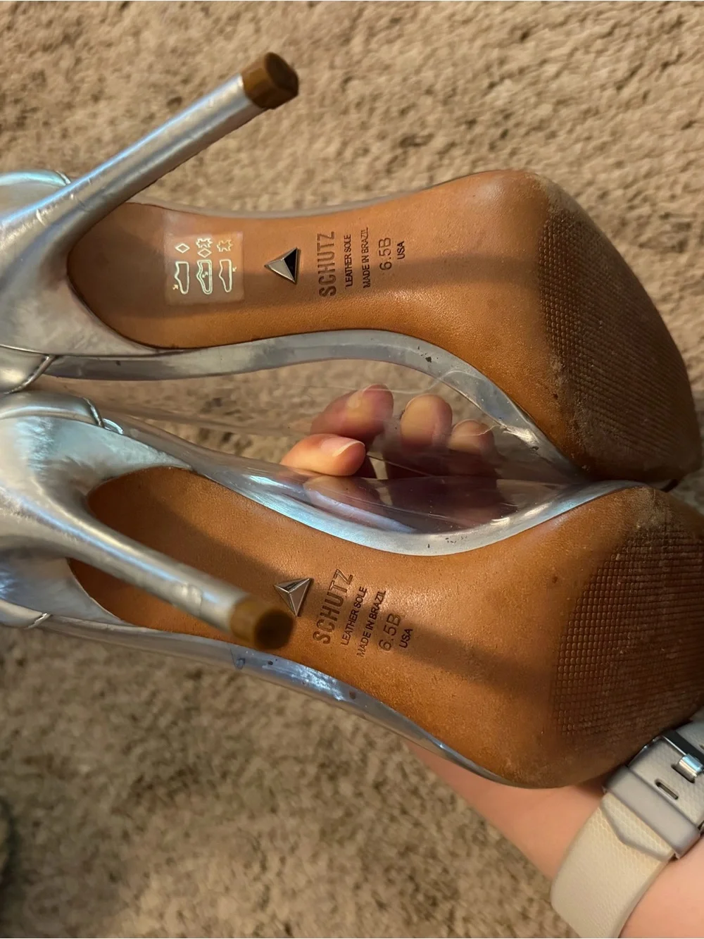 SCHUTZ Silver Pointed-Toe Pumps with Clear Panels